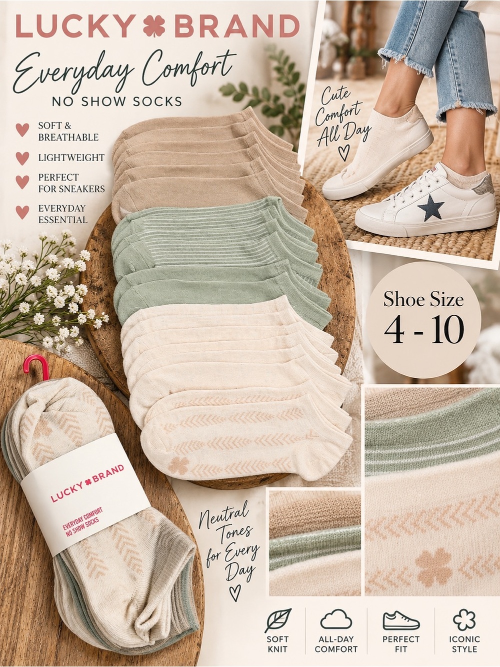 NWT Lucky Brand Women’s No-Show 10 Pair Sock Set in Beige, Sage & Cream